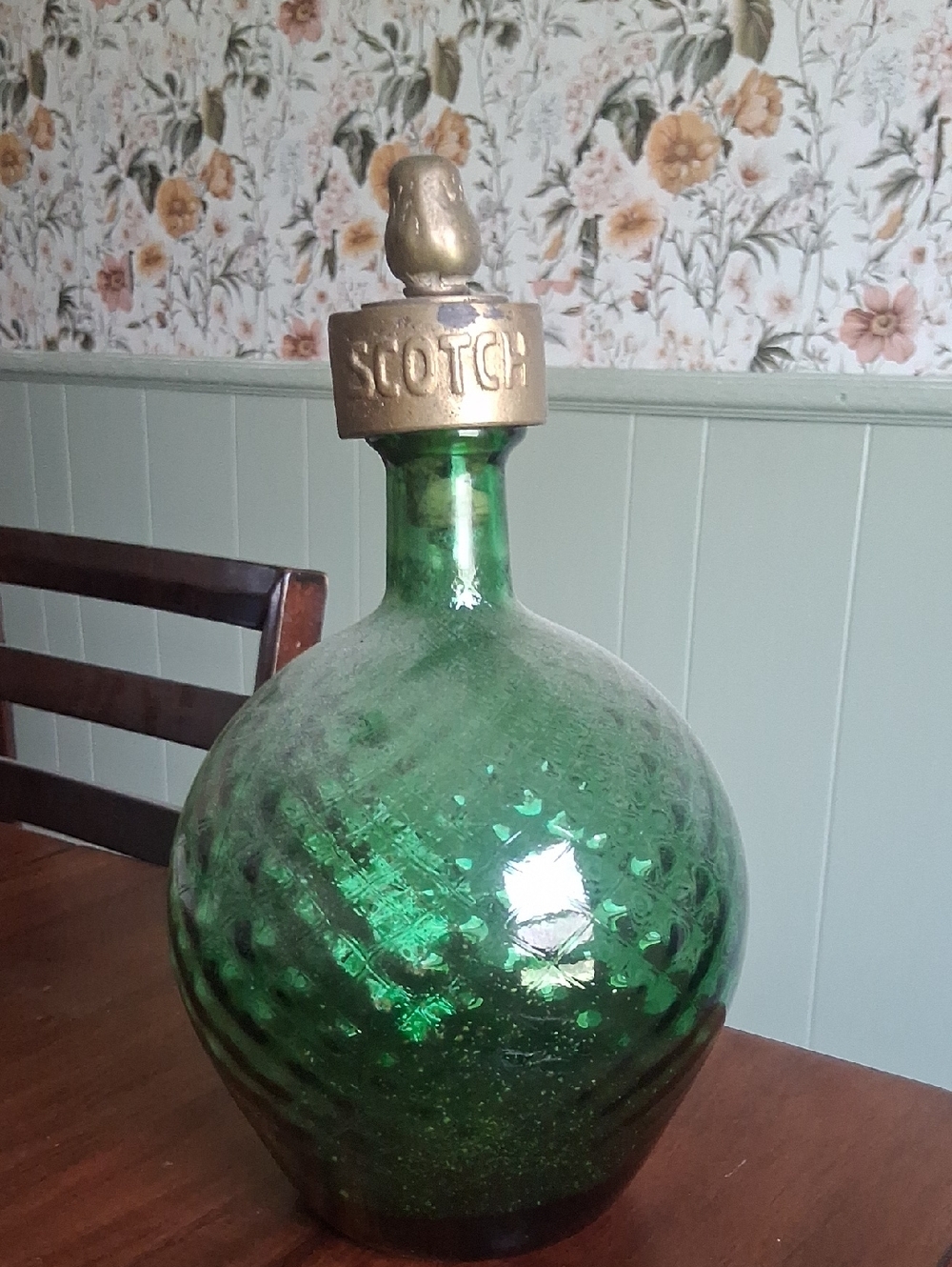 Green Textured Glass Scotch Decanter with Brass Stopper
